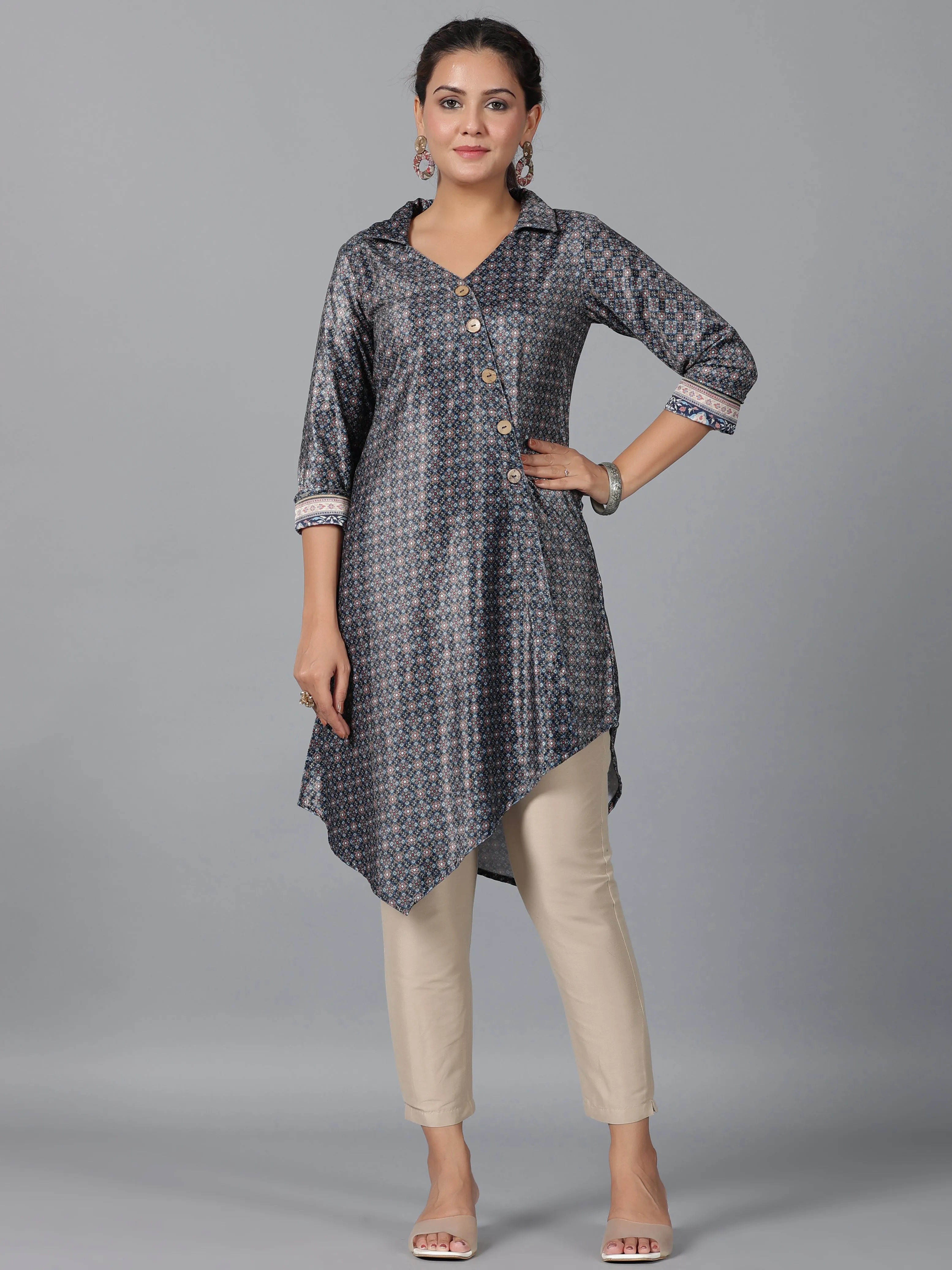 Juniper Green Geometric Printed Velvet Asymmetric Kurta.