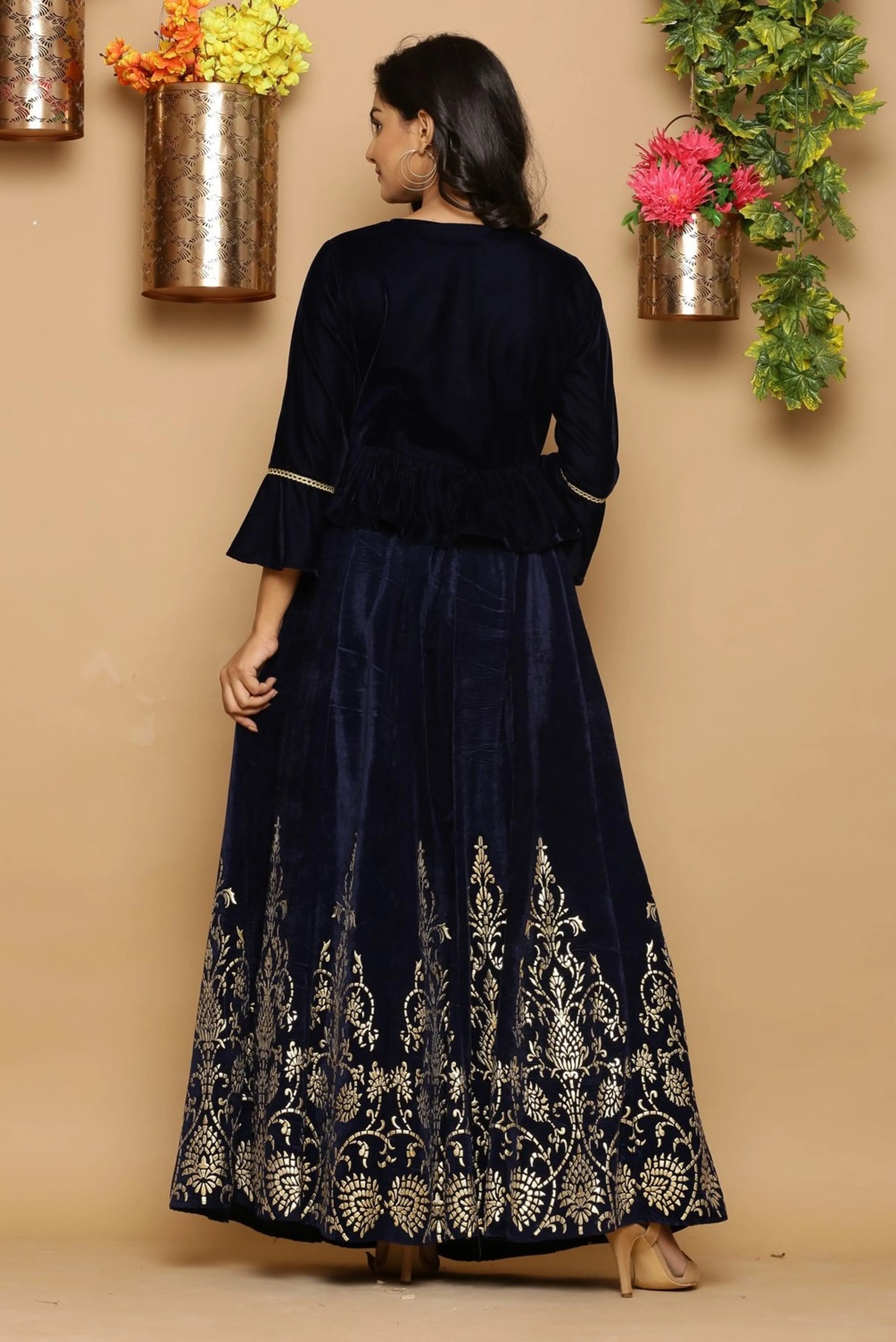 Juniper Navy Blue Velvet Ethnic Motif Printed Lehenga Choli & Dupatta Set