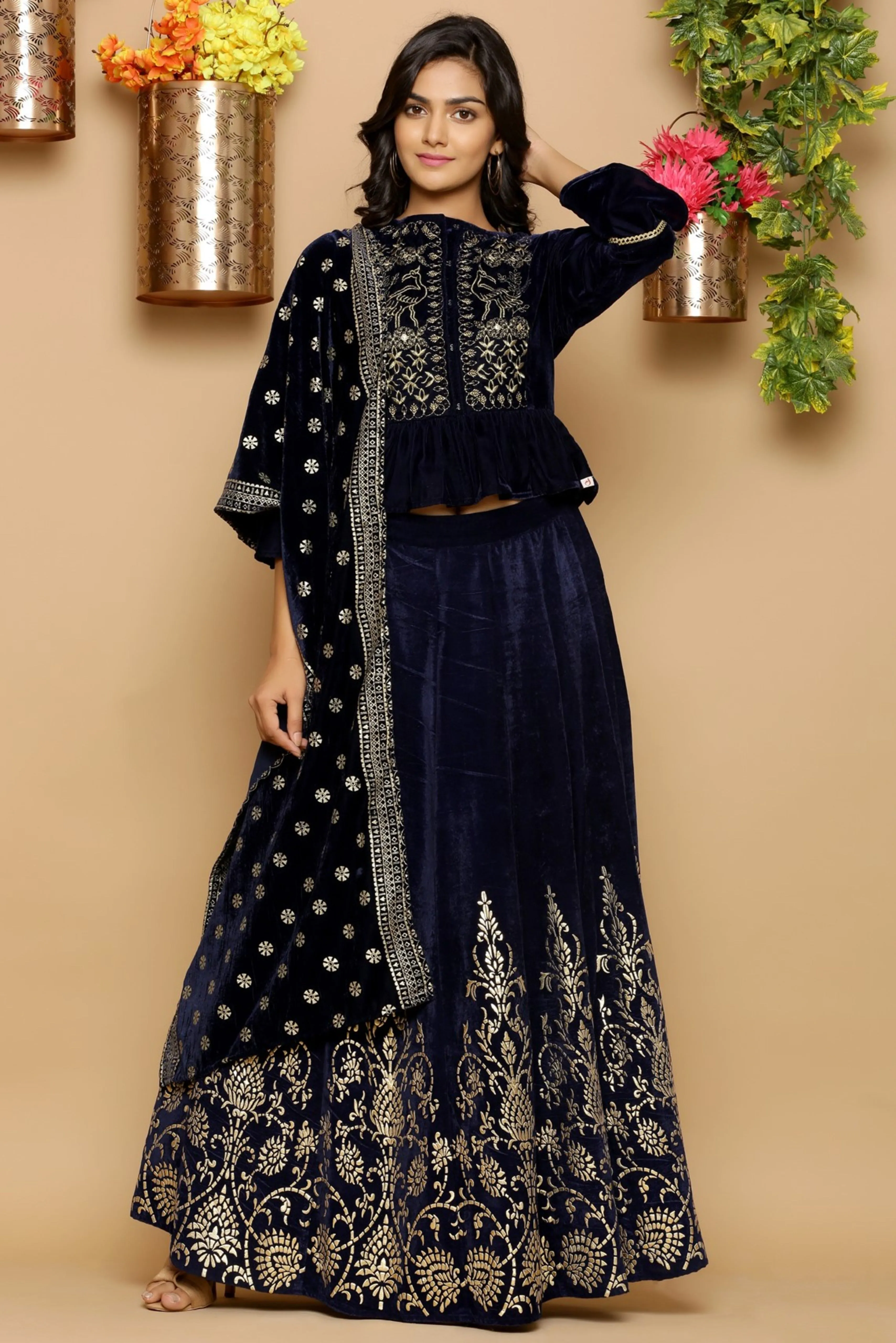 Juniper Navy Blue Velvet Ethnic Motif Printed Lehenga Choli & Dupatta Set