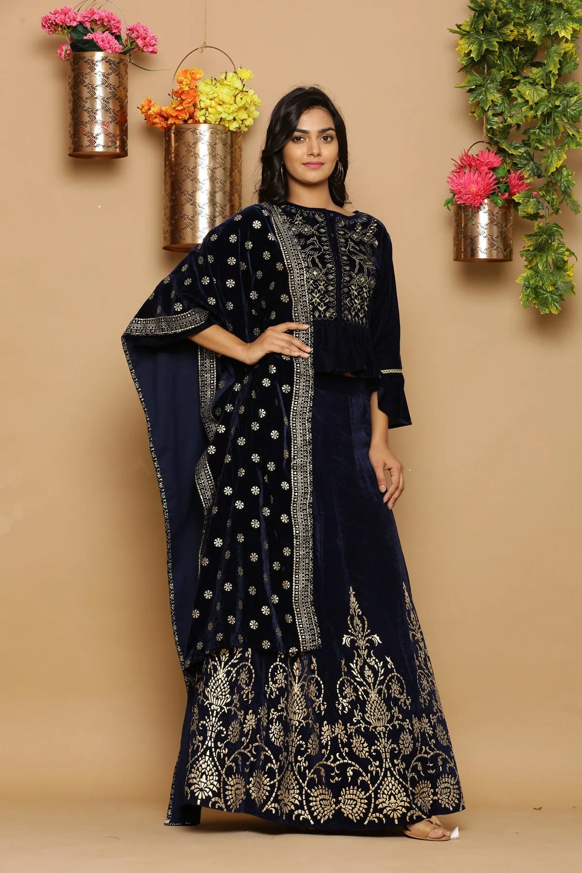 Juniper Navy Blue Velvet Ethnic Motif Printed Lehenga Choli & Dupatta Set