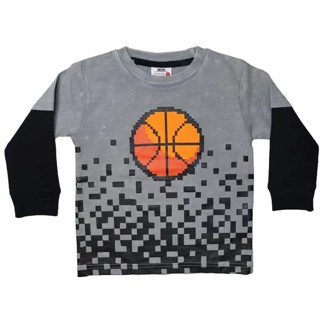 Kids Long Sleeve Thermal 2fer Shirt - Pixel Basketball