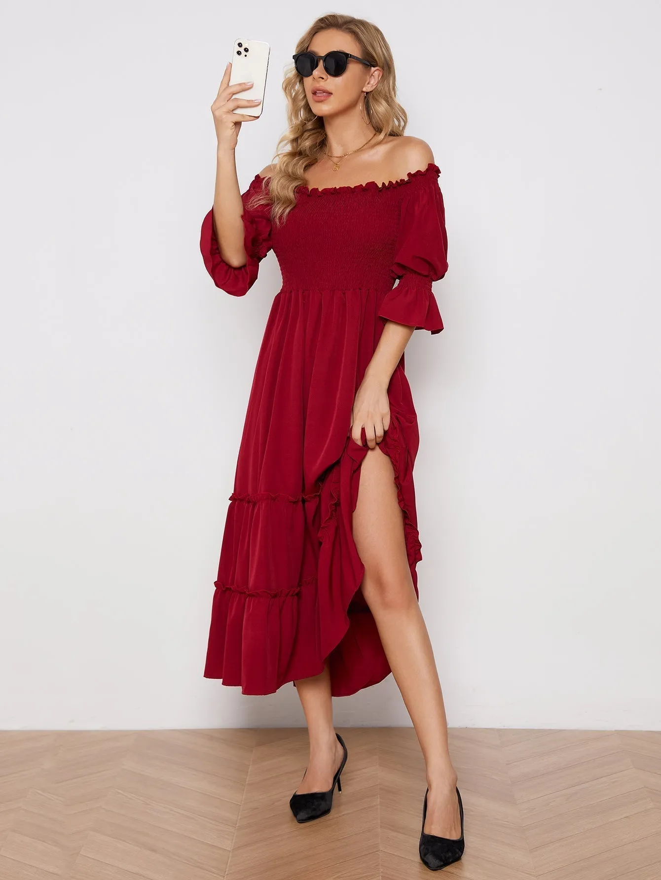 KittenAlarm - Off Shoulder Solid Color Slit Pleated Long Sleeve Dress