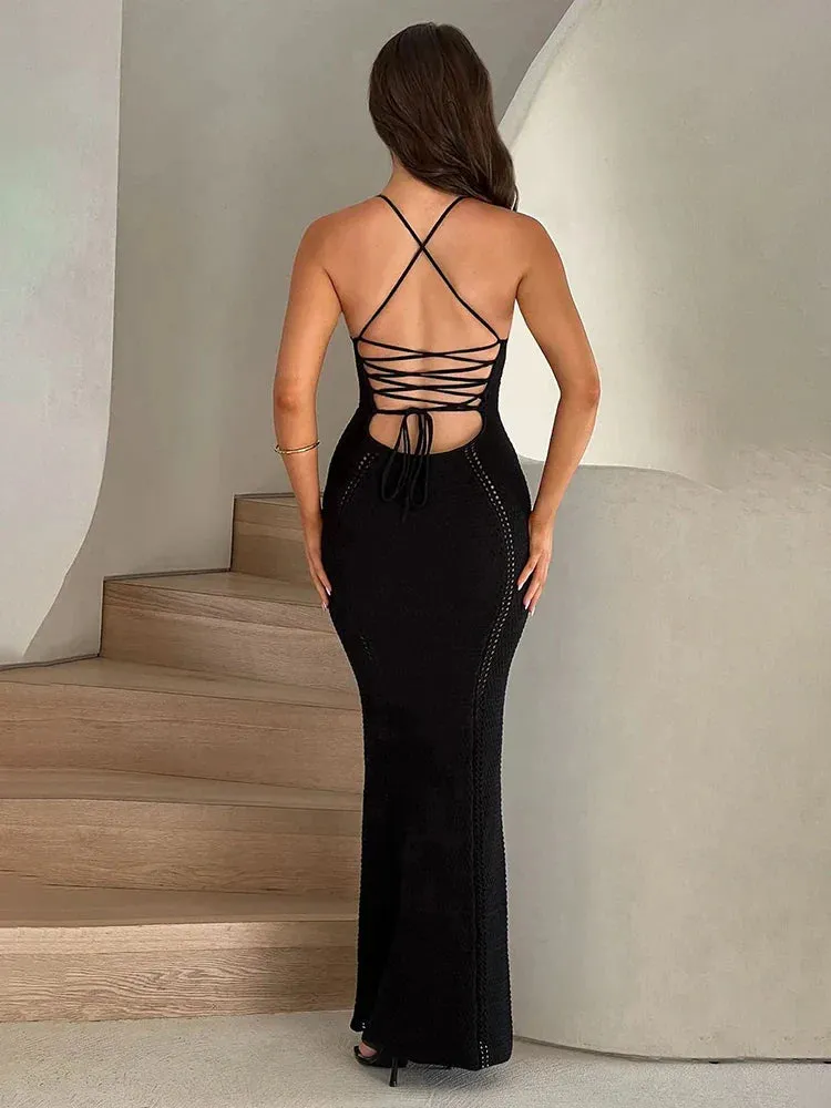 Knitted Bodycon Spaghetti Strap Backless Nightclub Sexy Spring Summer Maxi Dress