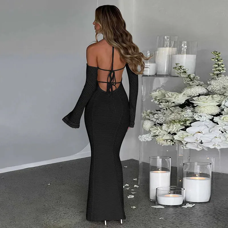 Knitted Shoulder Long Autumn Bodycon Women Off Sexy Sleeve Maxi Dress Dress