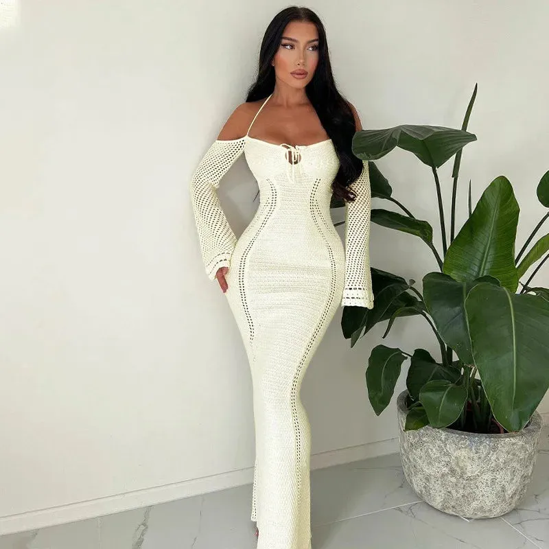 Knitted Shoulder Long Autumn Bodycon Women Off Sexy Sleeve Maxi Dress Dress