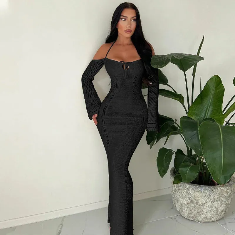 Knitted Shoulder Long Autumn Bodycon Women Off Sexy Sleeve Maxi Dress Dress