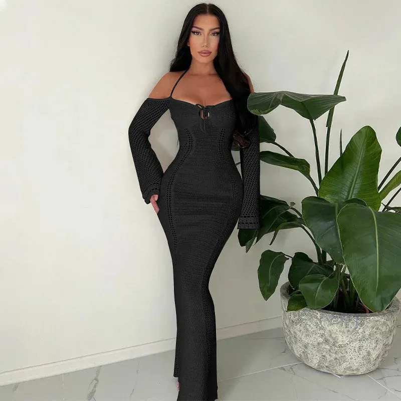 Knitted Shoulder Long Autumn Bodycon Women Off Sexy Sleeve Maxi Dress Dress