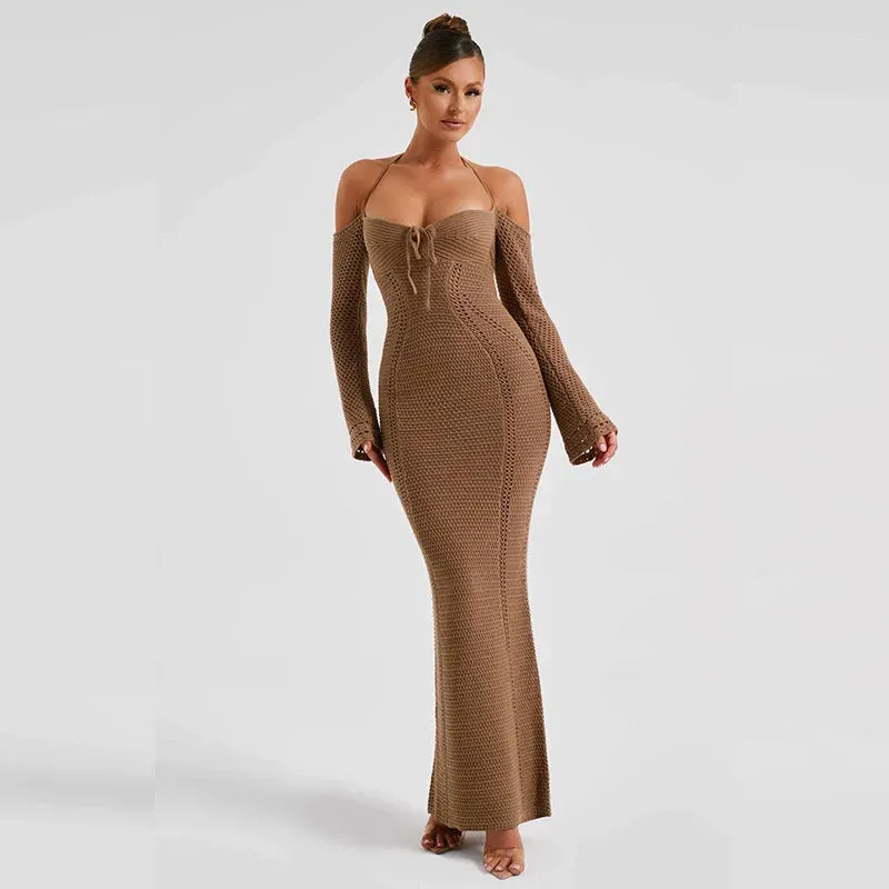 Knitted Shoulder Long Autumn Bodycon Women Off Sexy Sleeve Maxi Dress Dress