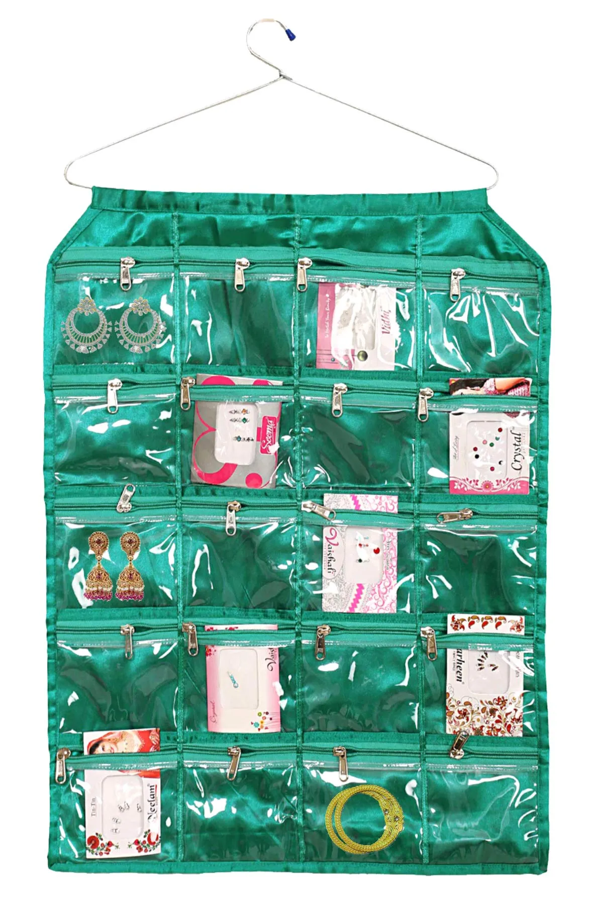 Kuber Industries Hanging Jewellery Organisers with 20 Zipper Pockets|Metal Hanger|Zipper Pockets (Green)