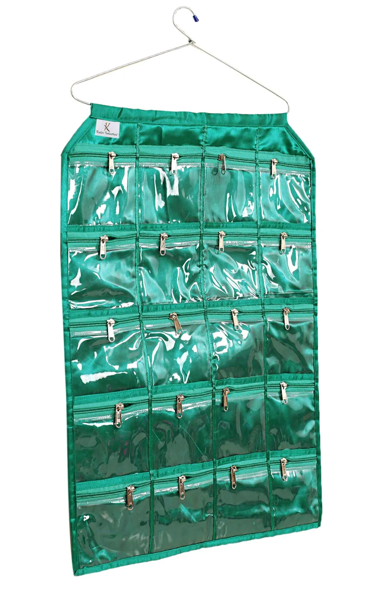 Kuber Industries Hanging Jewellery Organisers with 20 Zipper Pockets|Metal Hanger|Zipper Pockets (Green)