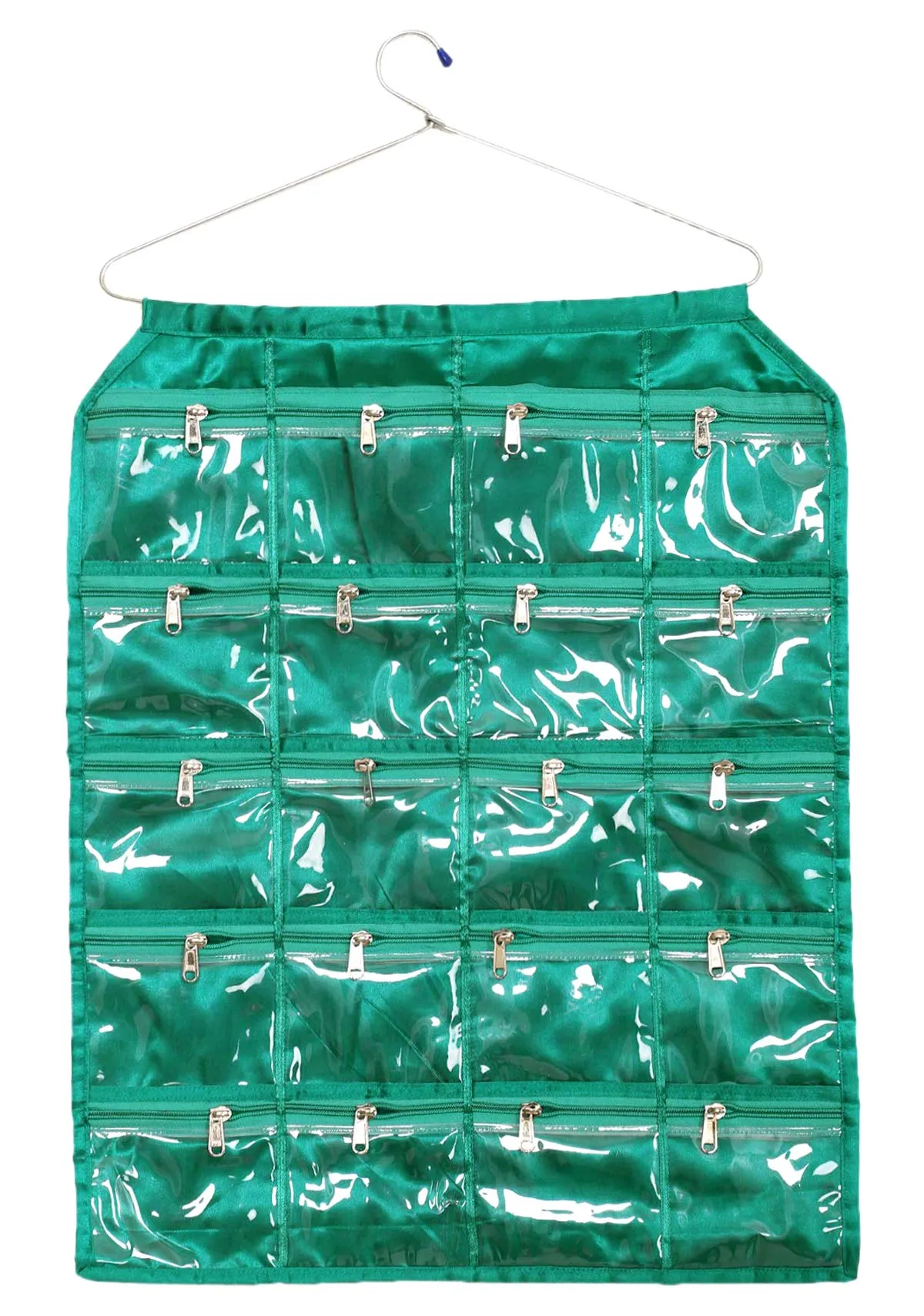 Kuber Industries Hanging Jewellery Organisers with 20 Zipper Pockets|Metal Hanger|Zipper Pockets (Green)