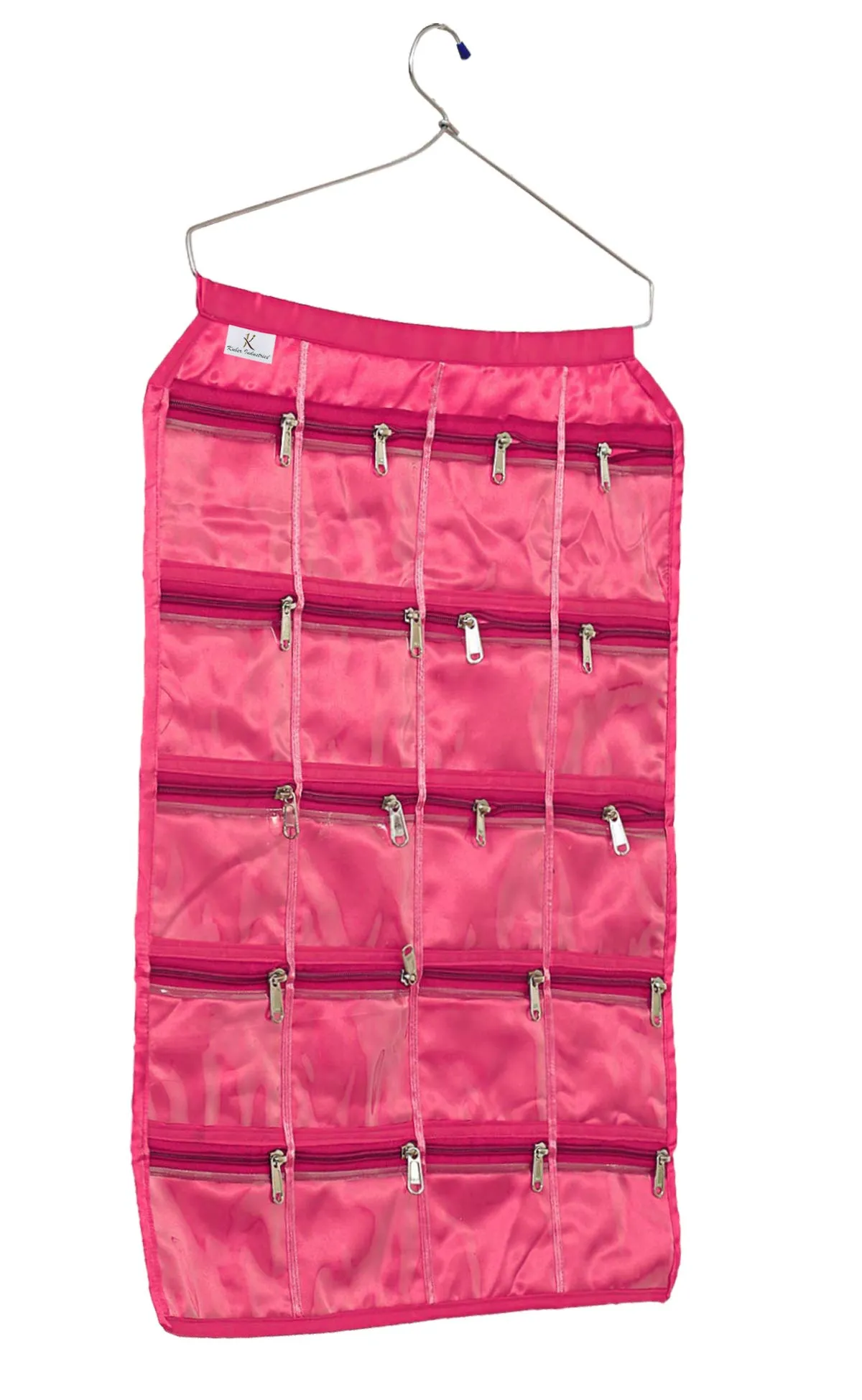 Kuber Industries Hanging Jewellery Organisers with 20 Zipper Pockets|Metal Hanger|Zipper Pockets (Pink)