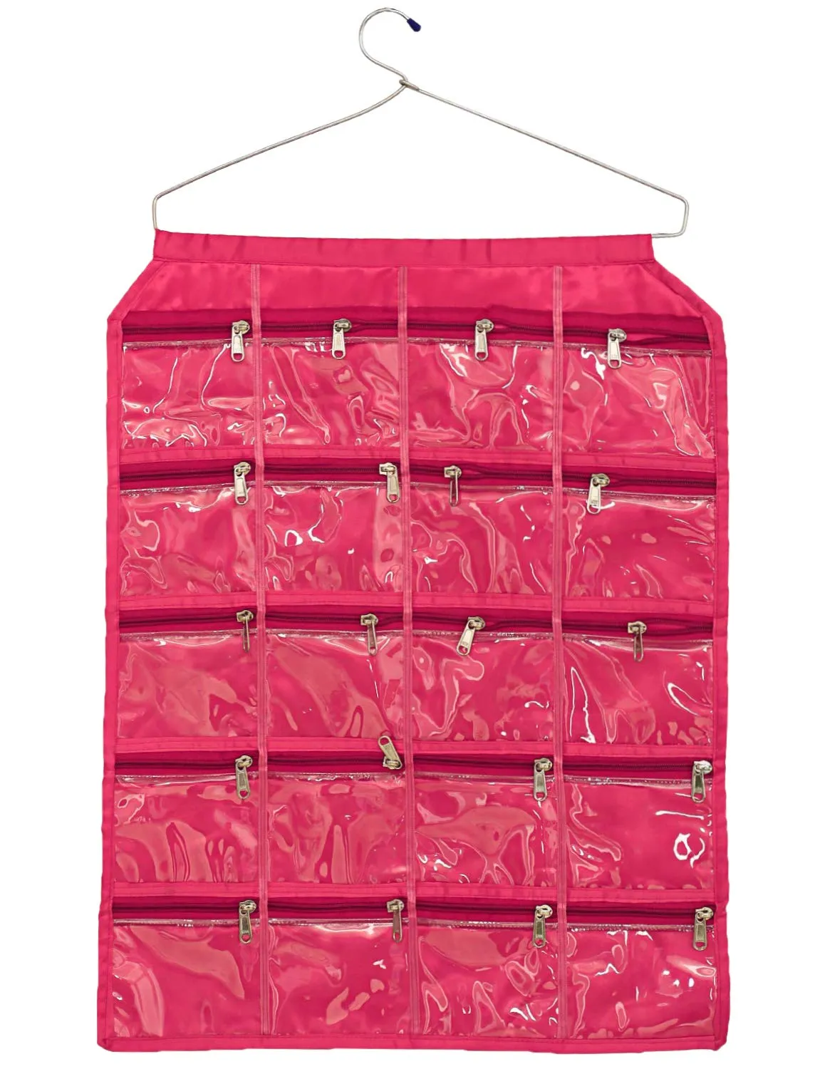 Kuber Industries Hanging Jewellery Organisers with 20 Zipper Pockets|Metal Hanger|Zipper Pockets (Pink)