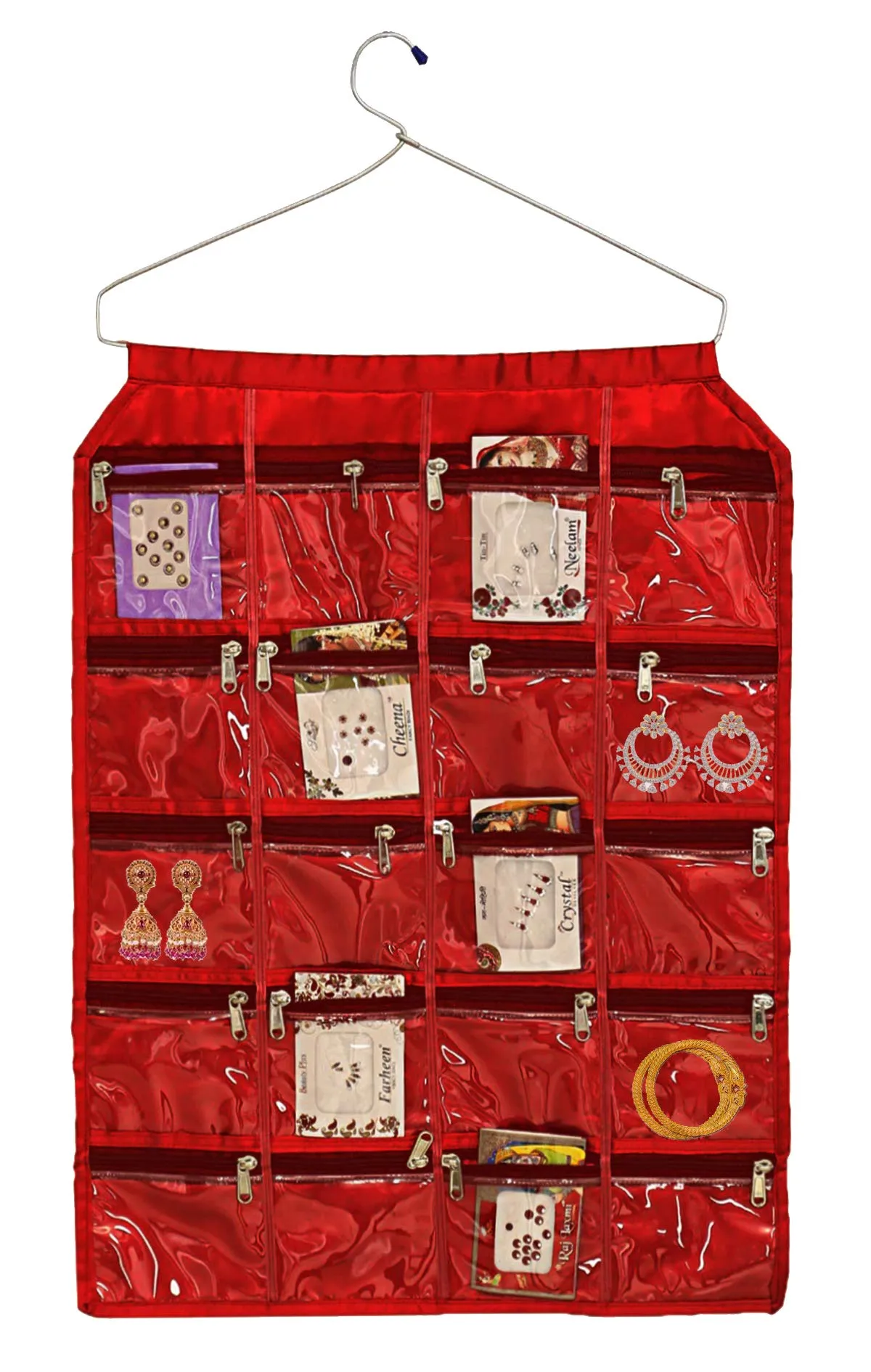 Kuber Industries Hanging Jewellery Organisers with 20 Zipper Pockets|Metal Hanger|Zipper Pockets|MAROON