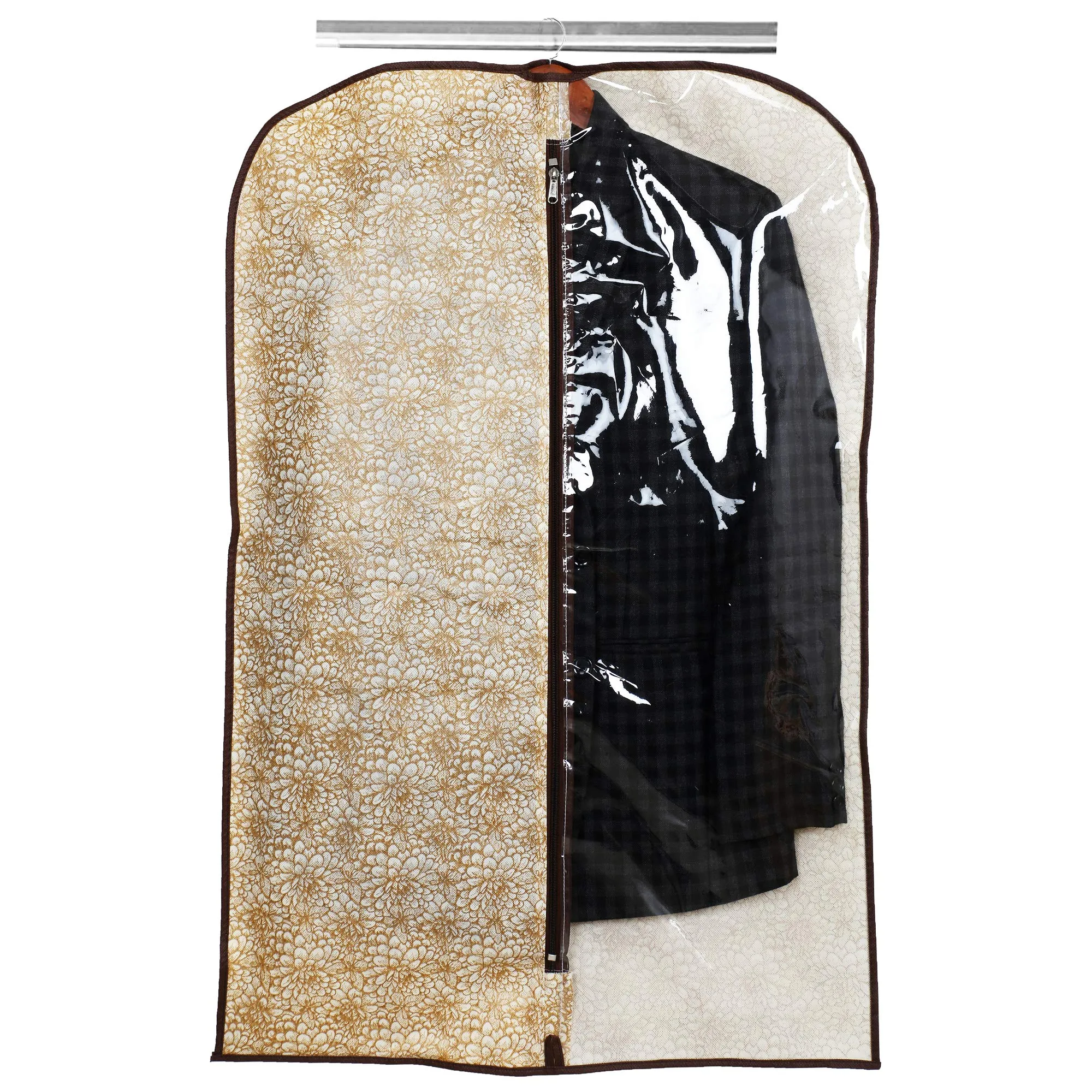 Kuber Industries Metallic Printed Half Transparent Non Woven Men's Blazer Suit Cover|Zipper Closure & Sturdy Hook|Size 94 x 61 x 1 CM|Pack of 6 (Golden & Brown)