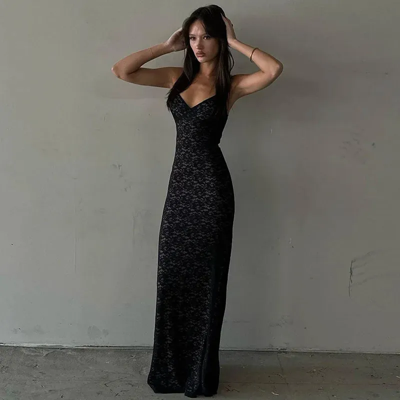 Lace Sheer Maxi Dress with Hollow Out Detail