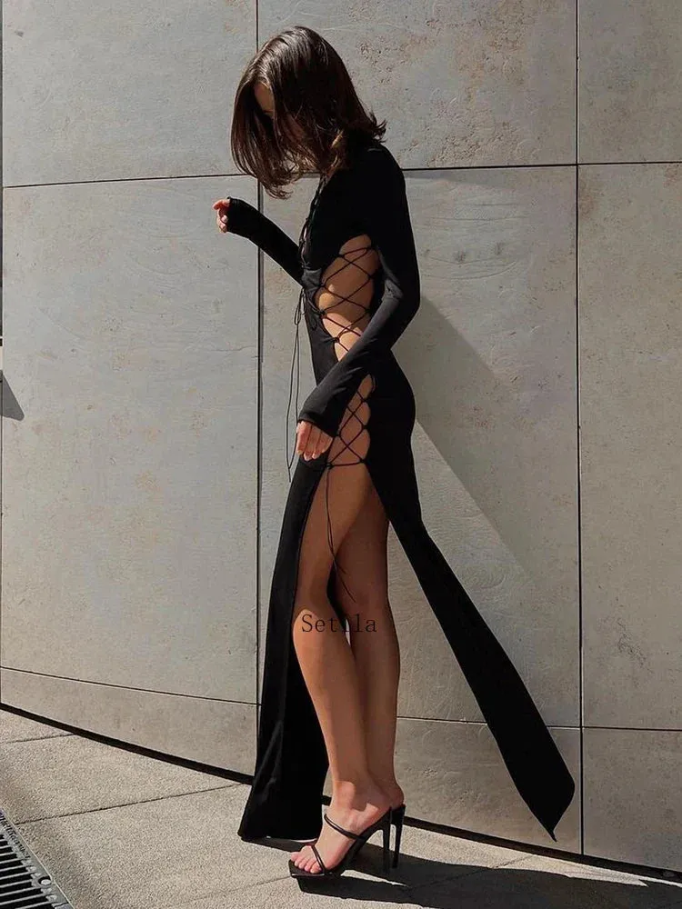 Lace Up Slit Maxi Dress