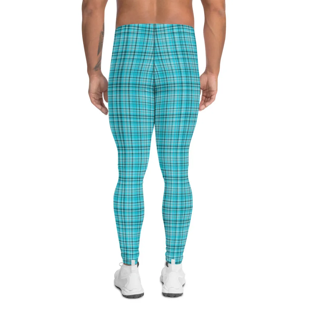 Light Blue Plaid Men's Leggings, Tartan Preppy Print Meggings Men Tights-Made in USA/EU