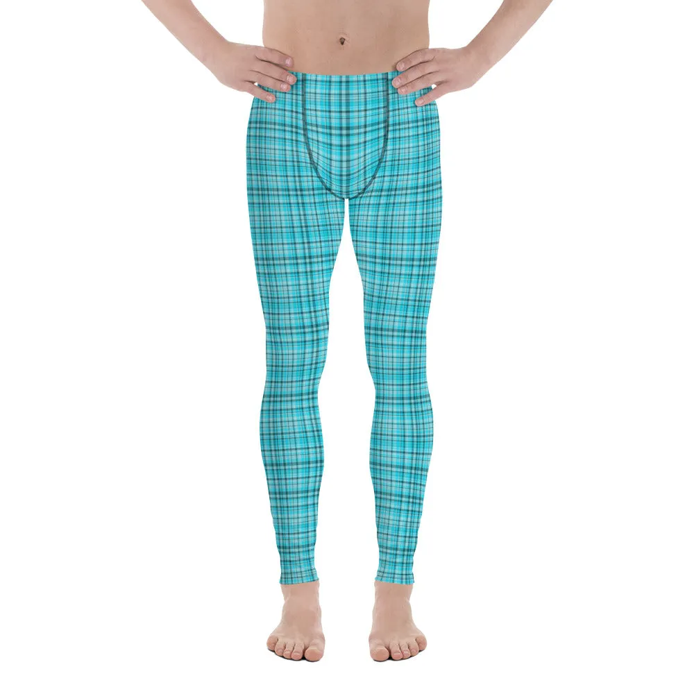 Light Blue Plaid Men's Leggings, Tartan Preppy Print Meggings Men Tights-Made in USA/EU