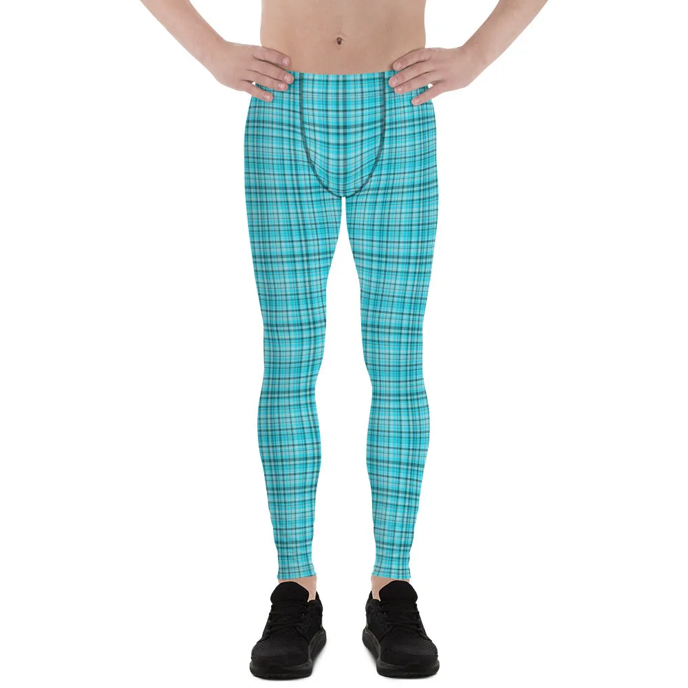 Light Blue Plaid Men's Leggings, Tartan Preppy Print Meggings Men Tights-Made in USA/EU