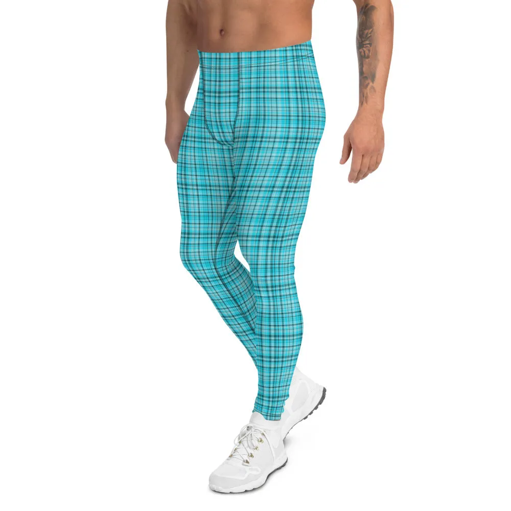 Light Blue Plaid Men's Leggings, Tartan Preppy Print Meggings Men Tights-Made in USA/EU