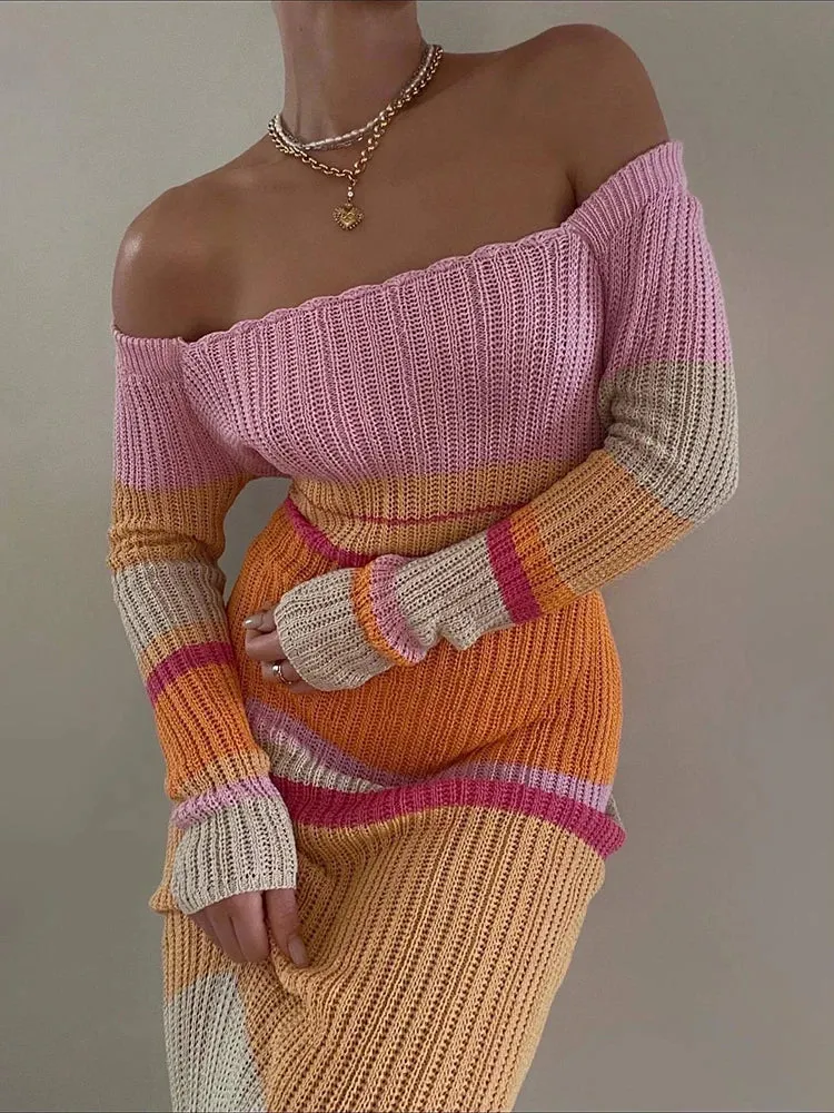 Long Sleeve Sexy Striped Autumn Women Bodycon Knitted Maxi Dress Dress