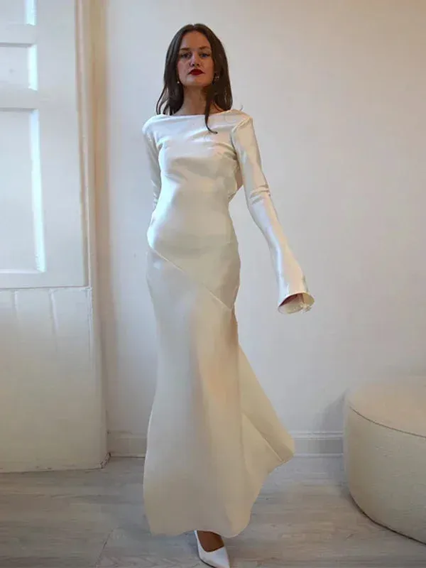 Loose Elegant Side Maxi Slit Party Women Backless Satin Dress Dress