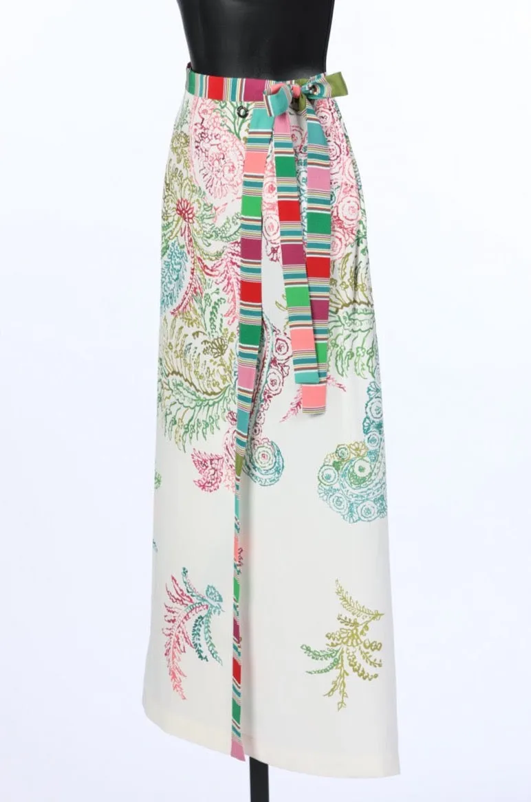 Loro Piana White & Multicolor Abstract Floral Silk Midi Skirt