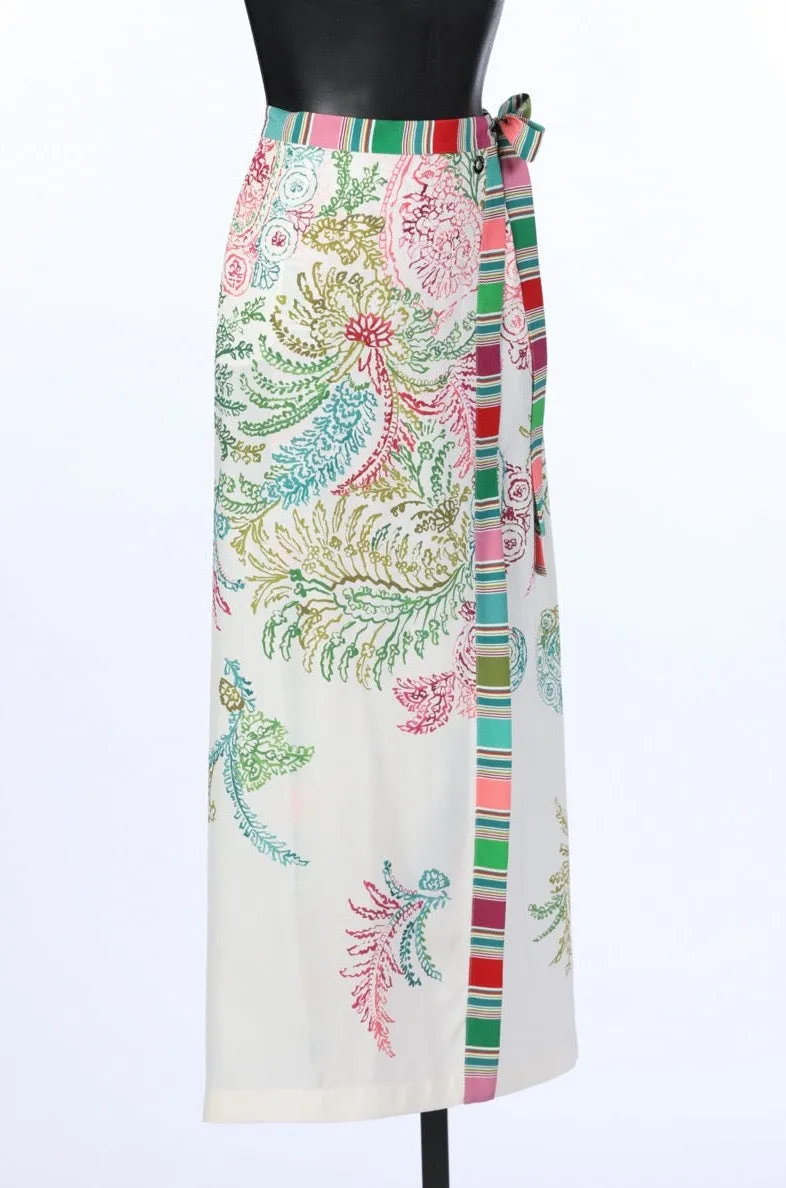 Loro Piana White & Multicolor Abstract Floral Silk Midi Skirt