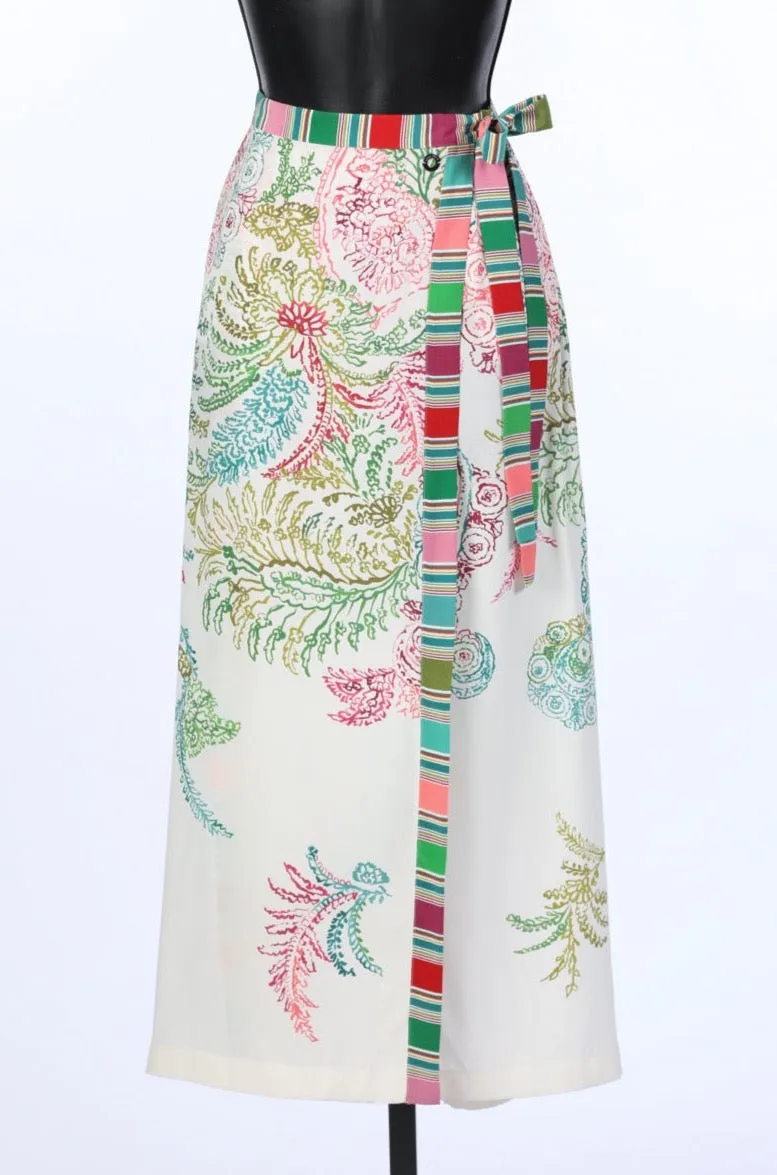 Loro Piana White & Multicolor Abstract Floral Silk Midi Skirt