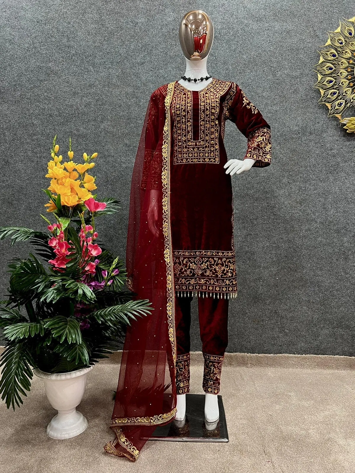 Maroon Heavy Viscose Velvet Suit With Heavy Embroidery And Sequence Work With Heavy Soft Net Dupatta For Women , Indian Suit , Dresses