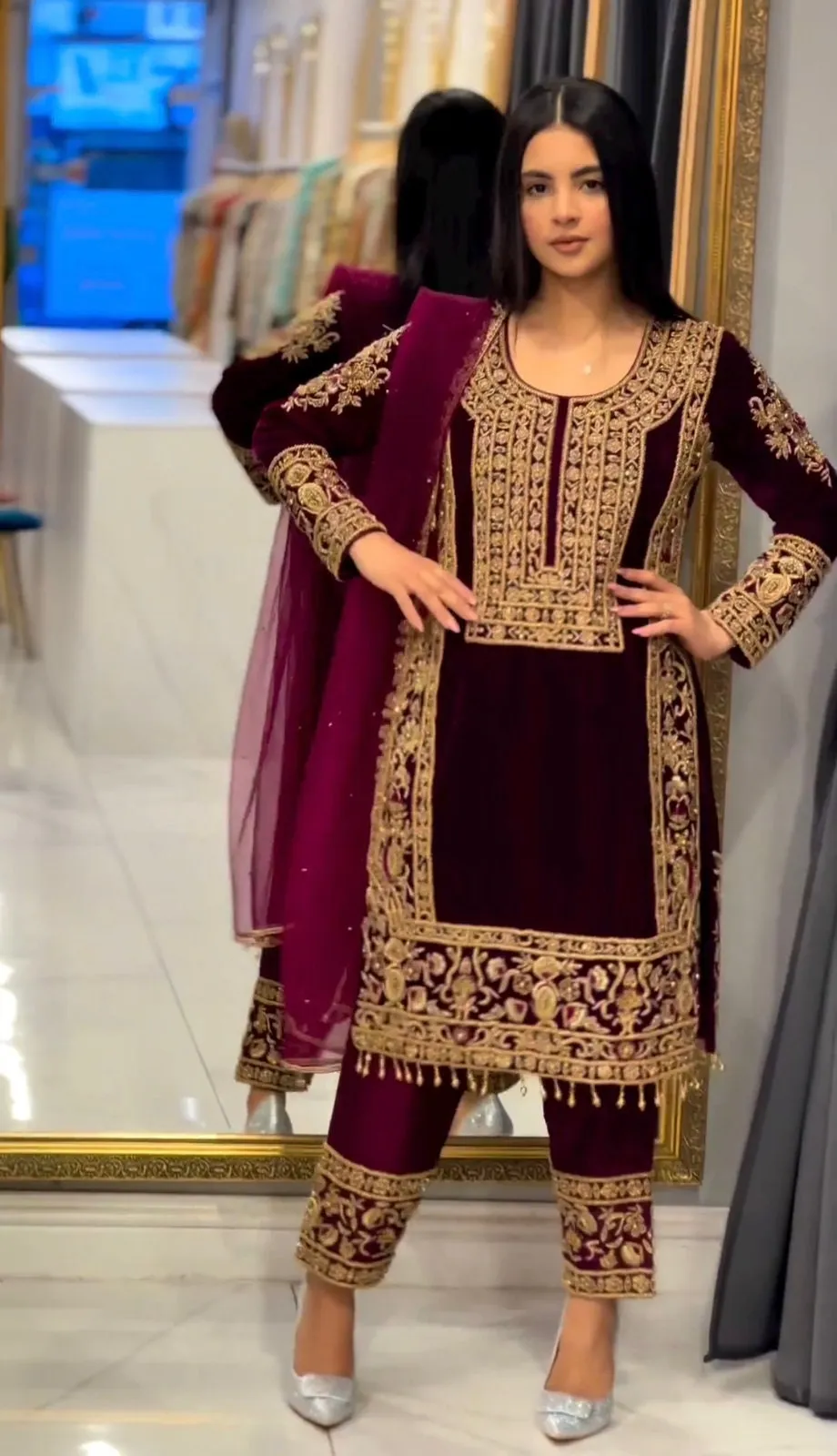 Maroon Heavy Viscose Velvet Suit With Heavy Embroidery And Sequence Work With Heavy Soft Net Dupatta For Women , Indian Suit , Dresses