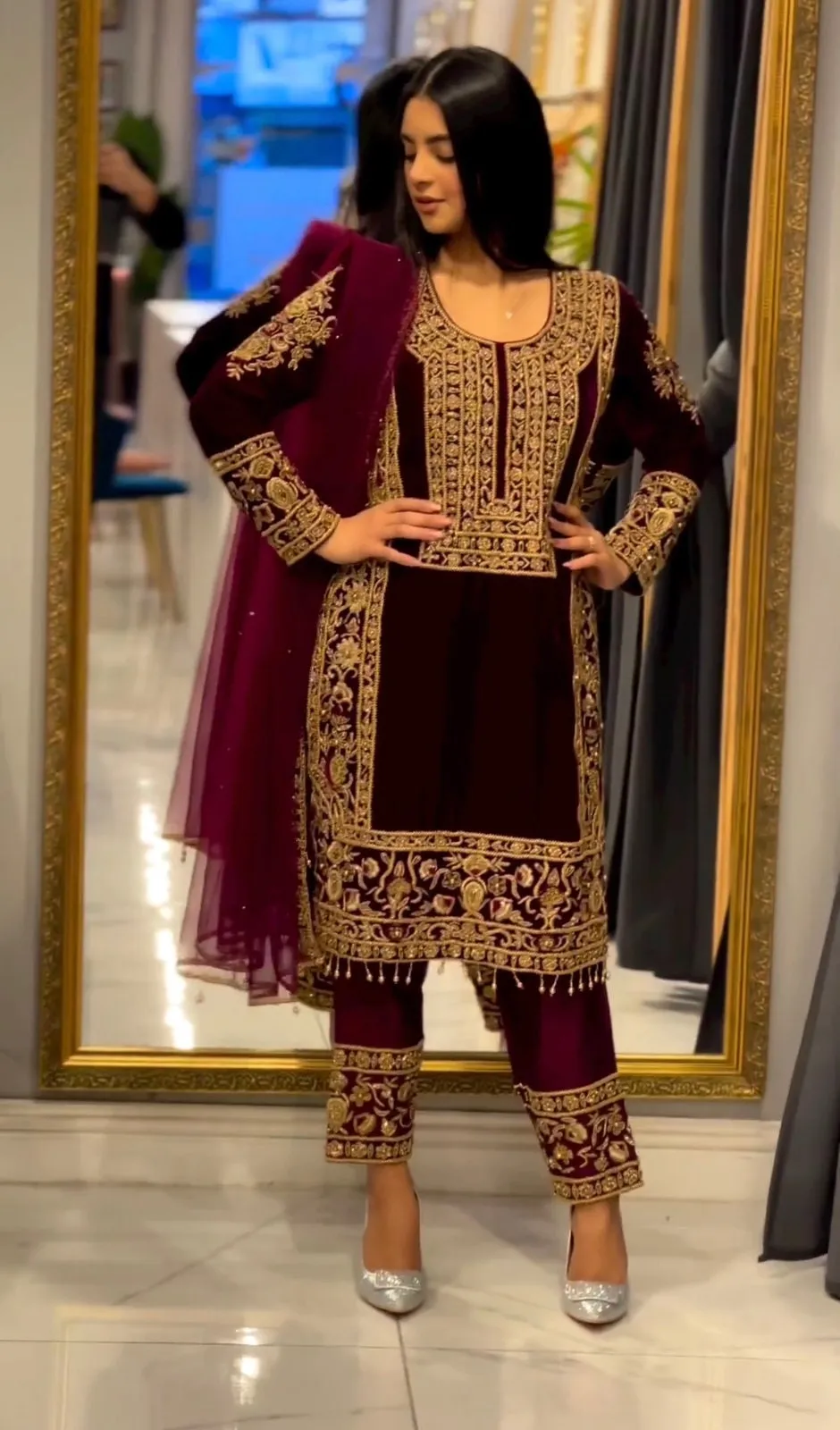 Maroon Heavy Viscose Velvet Suit With Heavy Embroidery And Sequence Work With Heavy Soft Net Dupatta For Women , Indian Suit , Dresses