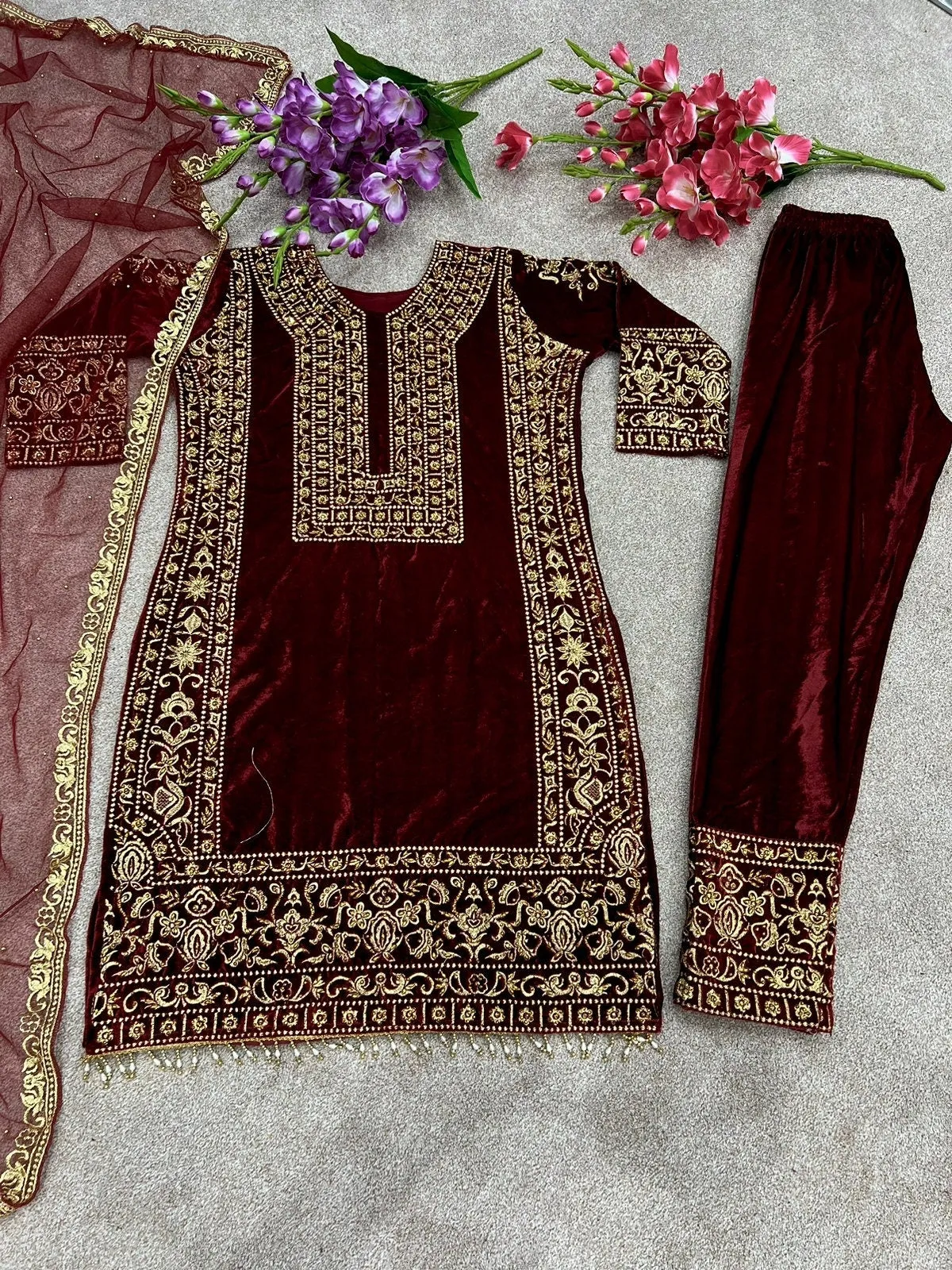 Maroon Heavy Viscose Velvet Suit With Heavy Embroidery And Sequence Work With Heavy Soft Net Dupatta For Women , Indian Suit , Dresses