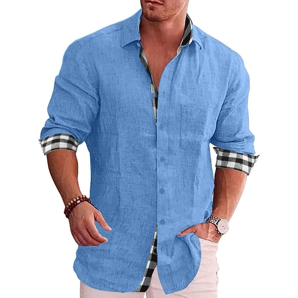 Men Lapel Collar Contrast Plaid Border Solid Button Up Shirt