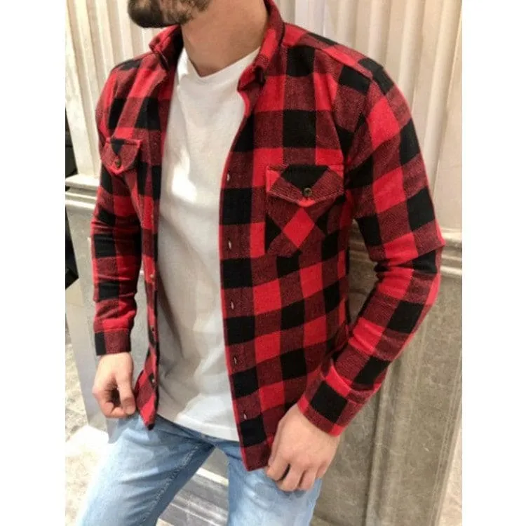 Men Lapel Collar Flap Pocket Button Up Plaid Print Shirt