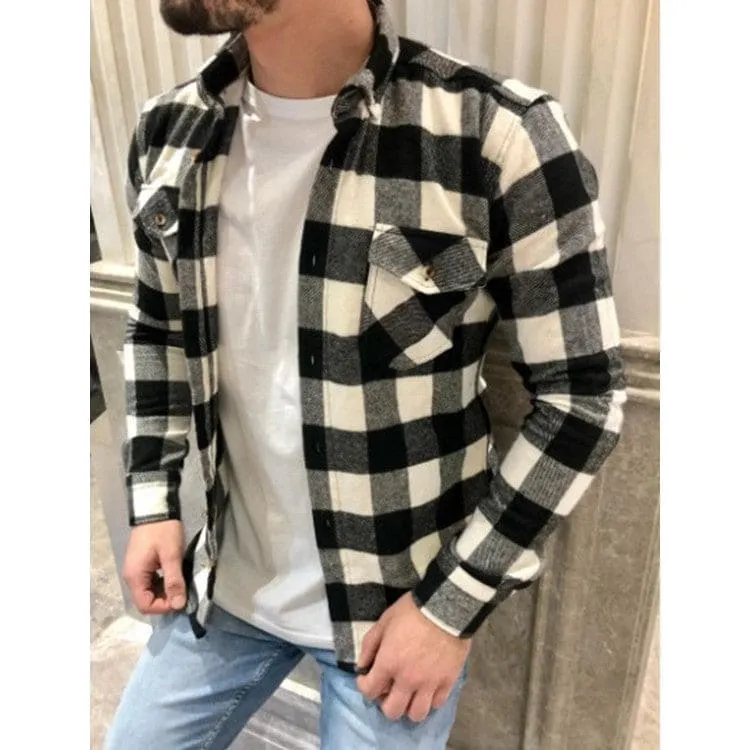 Men Lapel Collar Flap Pocket Button Up Plaid Print Shirt