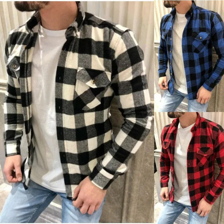 Men Lapel Collar Flap Pocket Button Up Plaid Print Shirt