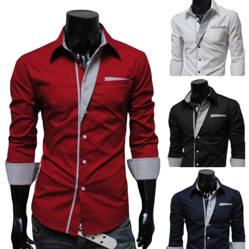 Men Lapel Collar Two Tone Front Pocket Buttoned Shirt