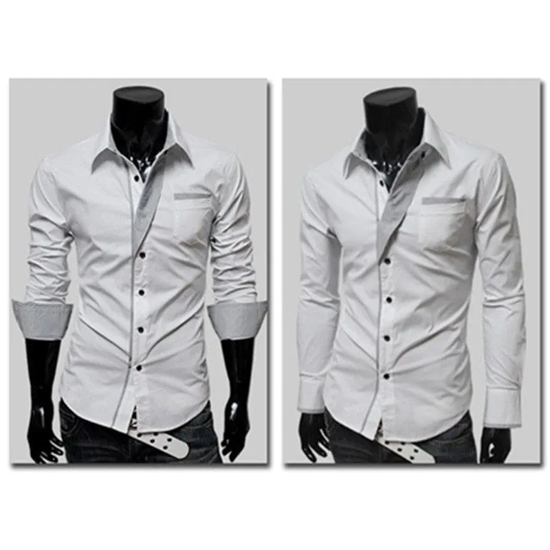 Men Lapel Collar Two Tone Front Pocket Buttoned Shirt