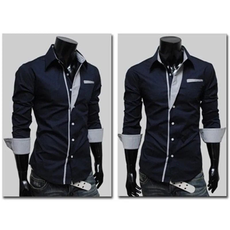 Men Lapel Collar Two Tone Front Pocket Buttoned Shirt