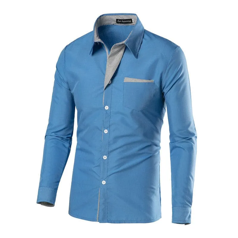 Men Lapel Collar Two Tone Front Pocket Buttoned Shirt