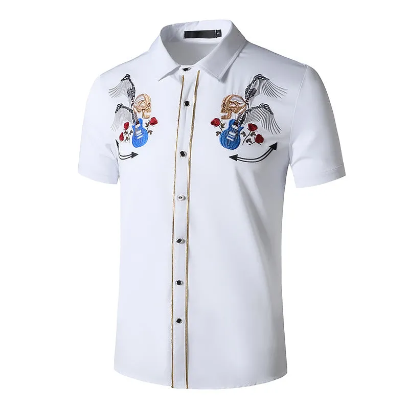 Men Turnover Collar Embroidery Skeleton Short Sleeves Shirt