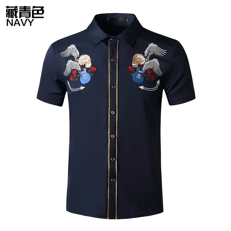 Men Turnover Collar Embroidery Skeleton Short Sleeves Shirt