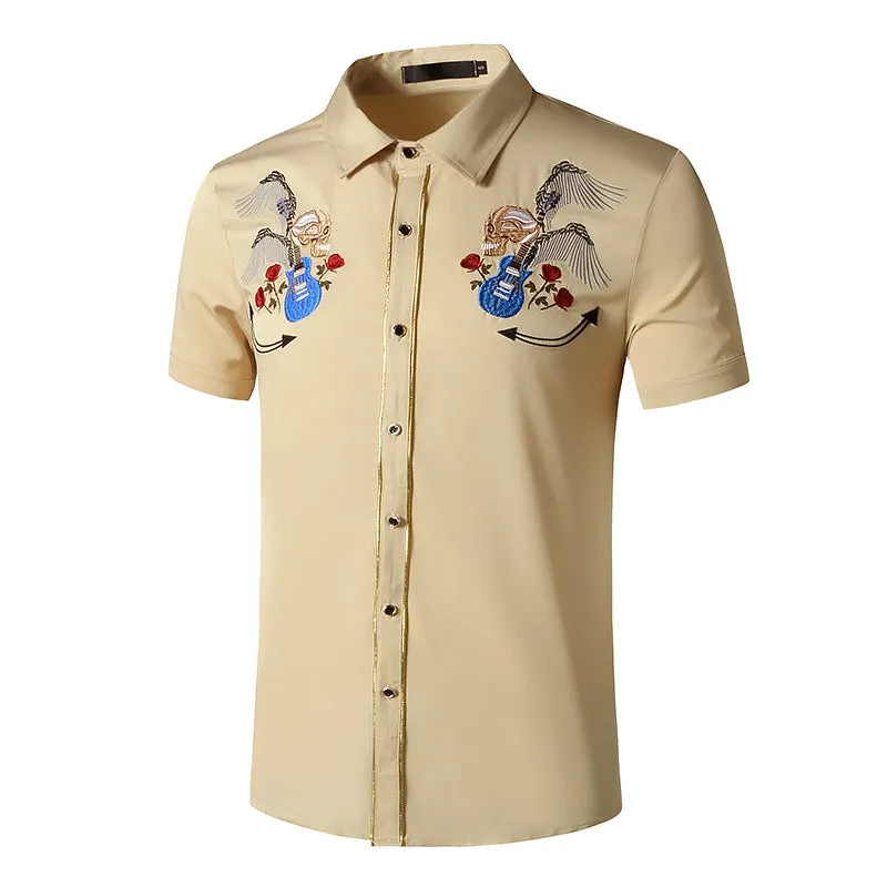 Men Turnover Collar Embroidery Skeleton Short Sleeves Shirt