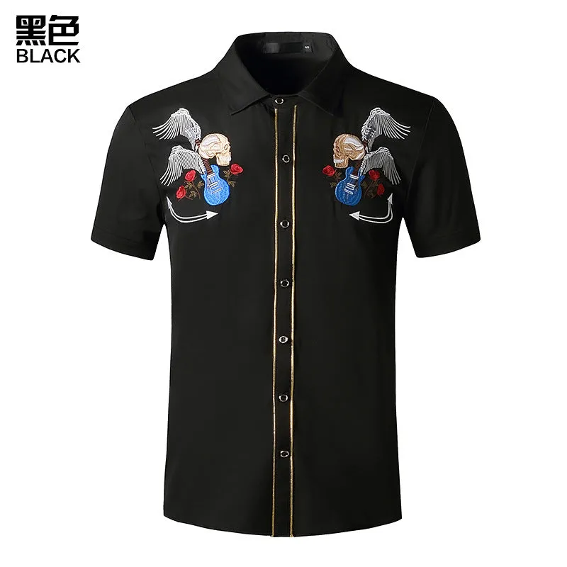 Men Turnover Collar Embroidery Skeleton Short Sleeves Shirt