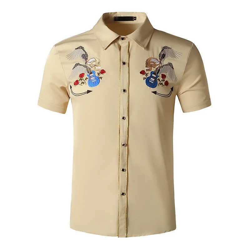 Men Turnover Collar Embroidery Skeleton Short Sleeves Shirt