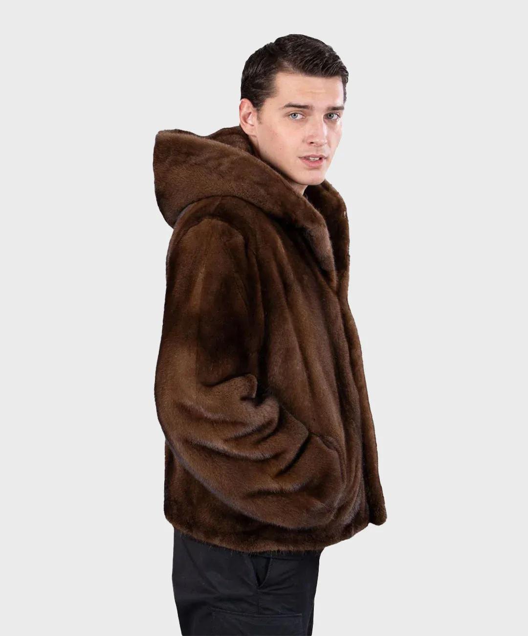 Men's Brown Hooded Mink Jacket