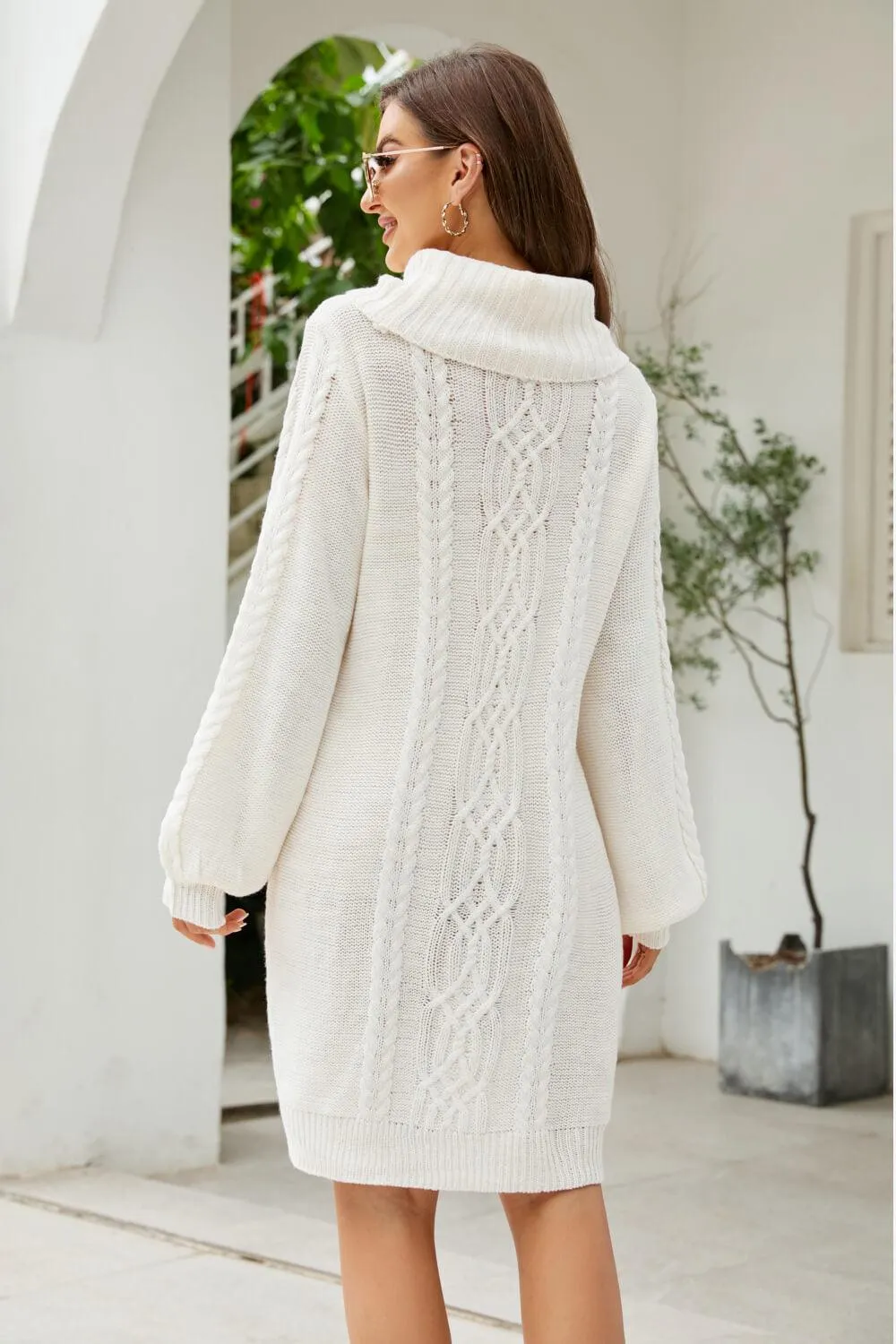 Mixed Knit Turtleneck Lantern Sleeve Sweater Dress