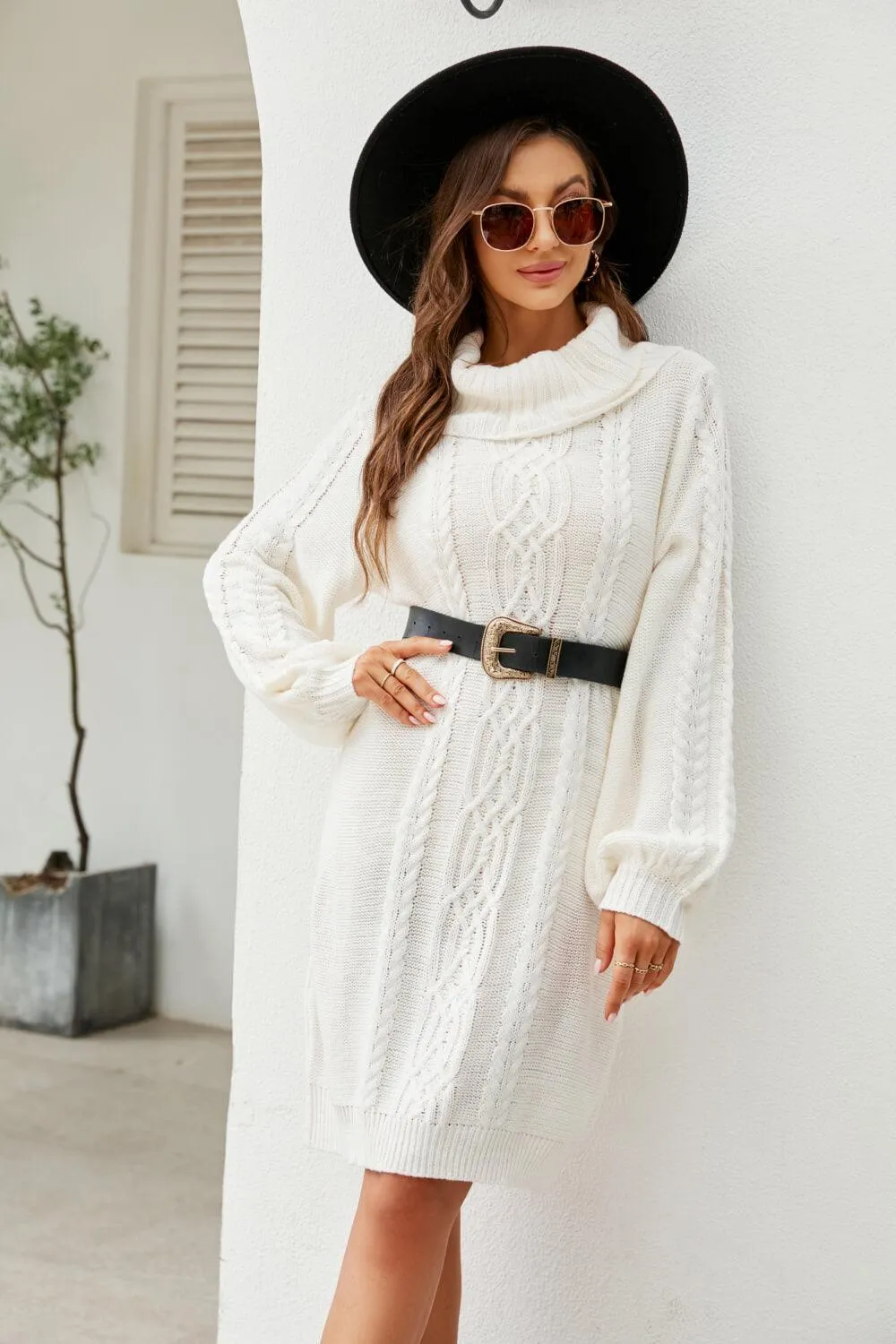 Mixed Knit Turtleneck Lantern Sleeve Sweater Dress